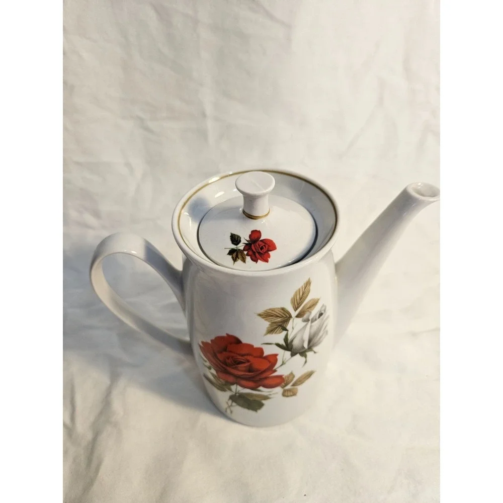 Vintage VB Ceramic‎ Coffee Pot Tall Teapot White Red Rose Floral Gold Trim Lid